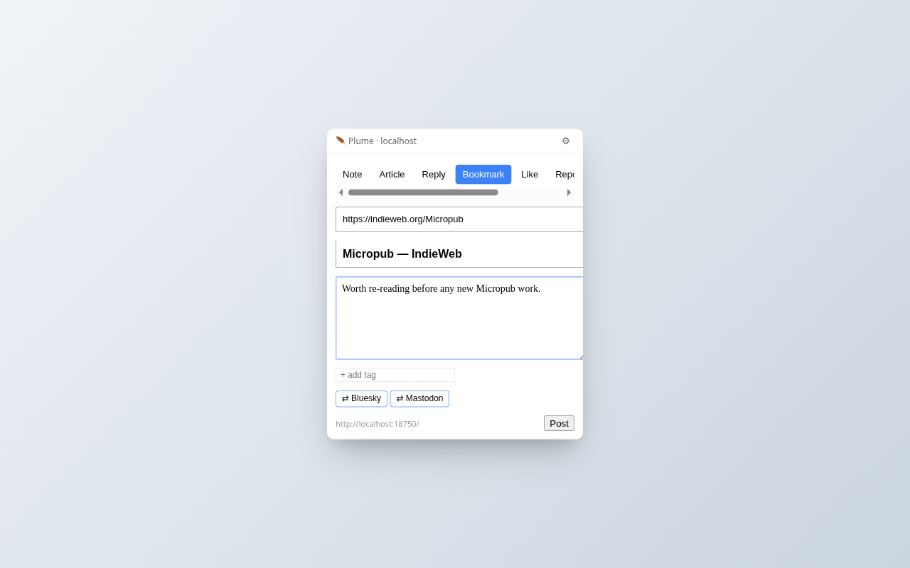 Plume's bookmark composer pre-filled with a URL and title from a context-menu click
