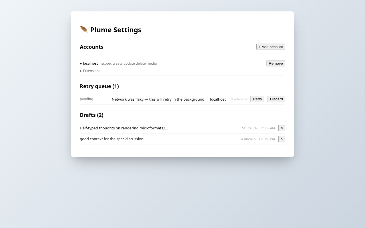 Plume's options page showing multiple accounts, a retry queue, and draft posts